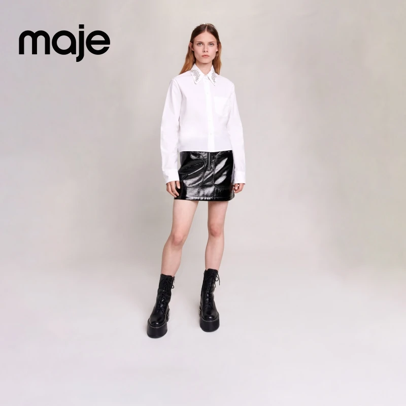 Maje春夏时尚风感波粒老钱风时尚优雅镶钻长袖白衬衫MFPCM00477