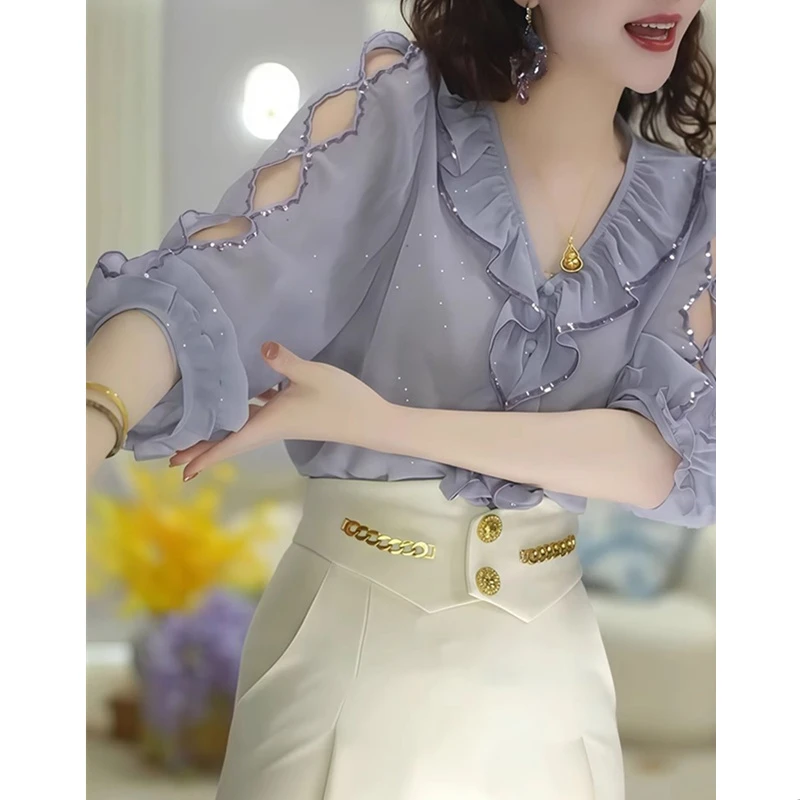 紫色荷叶边短袖衬衫女2025夏季新款时尚宽松百搭绝美别致漂亮上衣