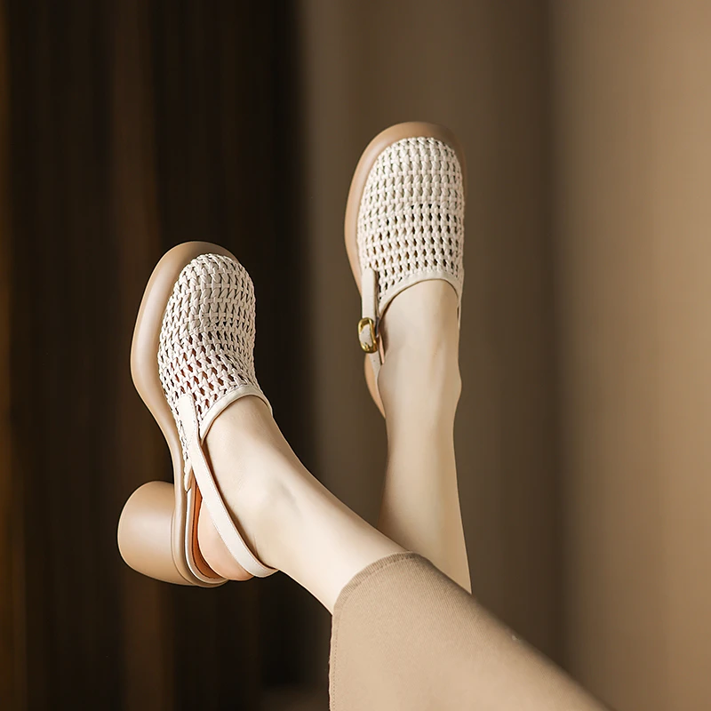 羊皮 7厘米 34-40时尚百搭夏季真皮软底粗跟包头舒适复古春夏平底