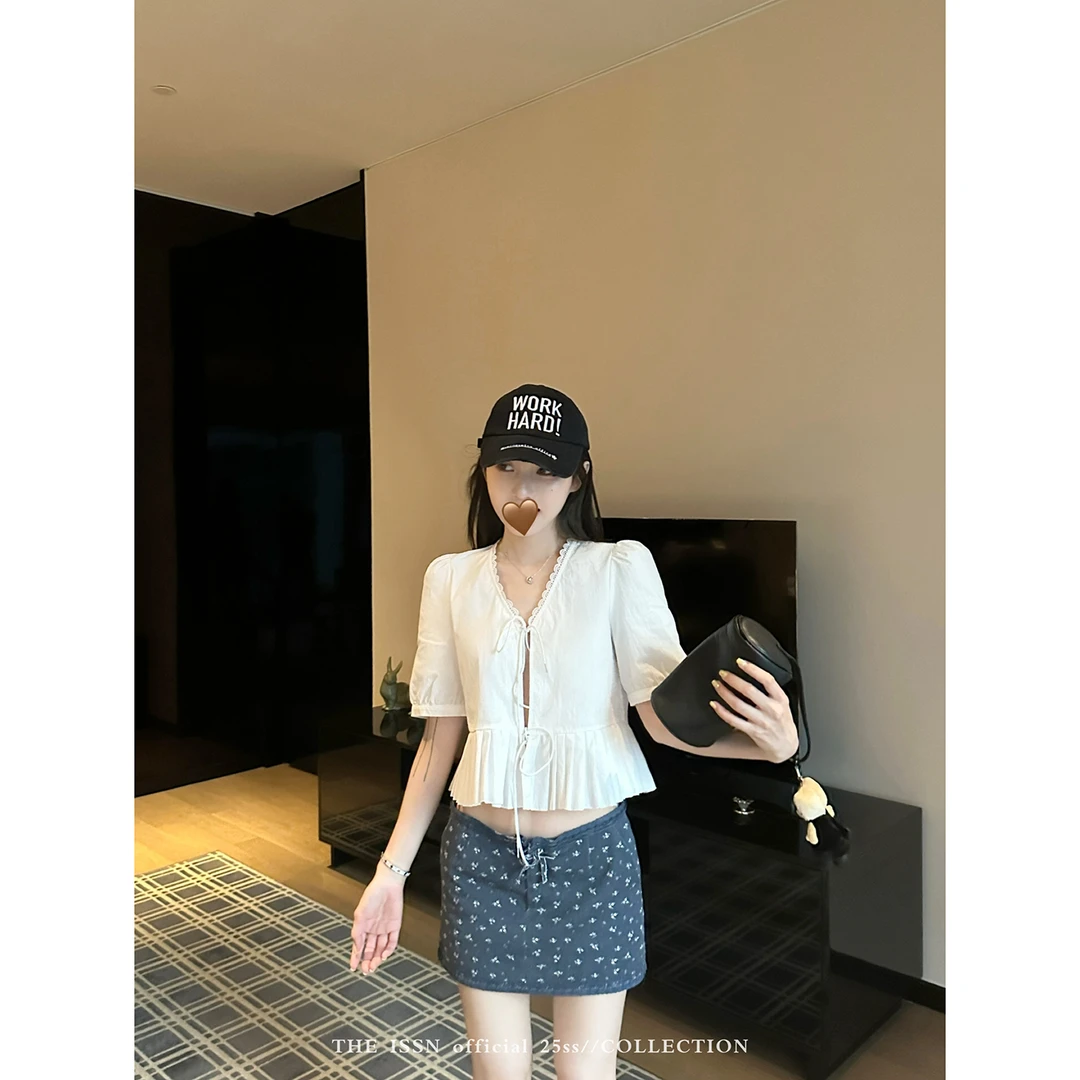 THEISSN宁司 v领花边白色短袖短款衬衫女夏季休闲上衣 0892