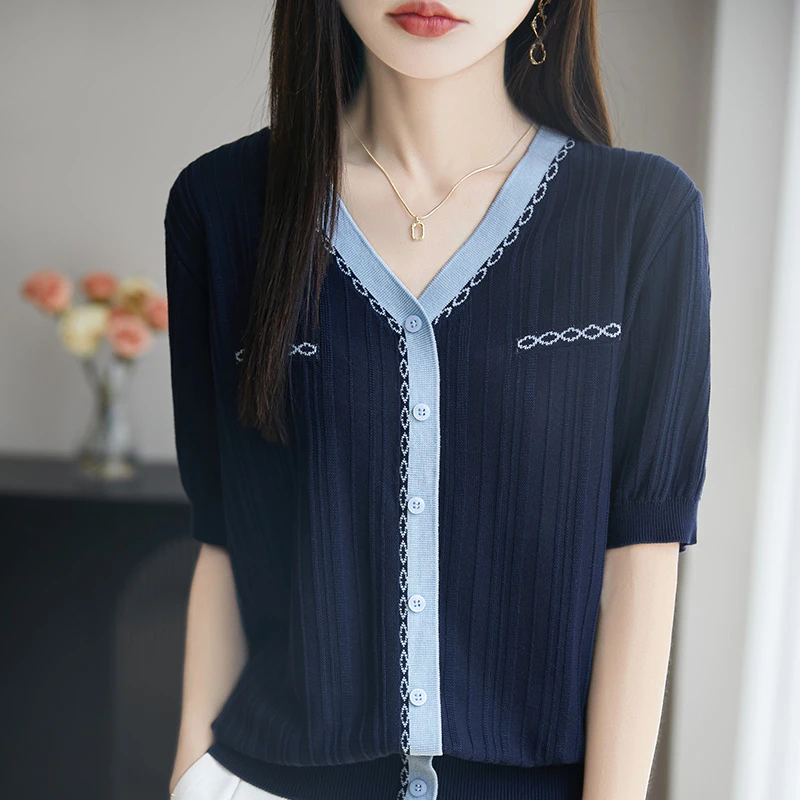 100天丝莱赛尔 V领开衫 短袖针织衫 透气晾感面料超舒服