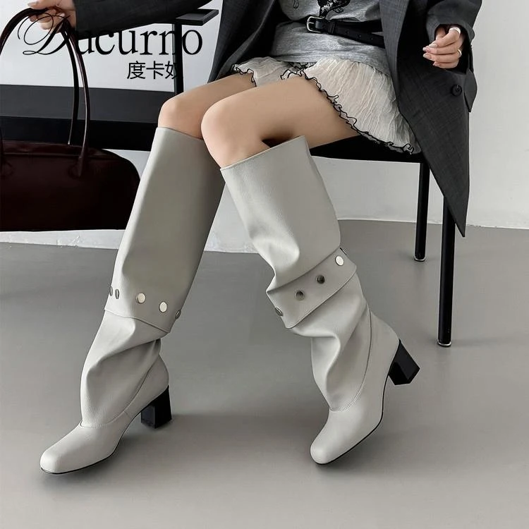 DUCURNO高级感时尚设计可拆卸长筒靴女网红款粗跟铆钉显瘦堆堆靴