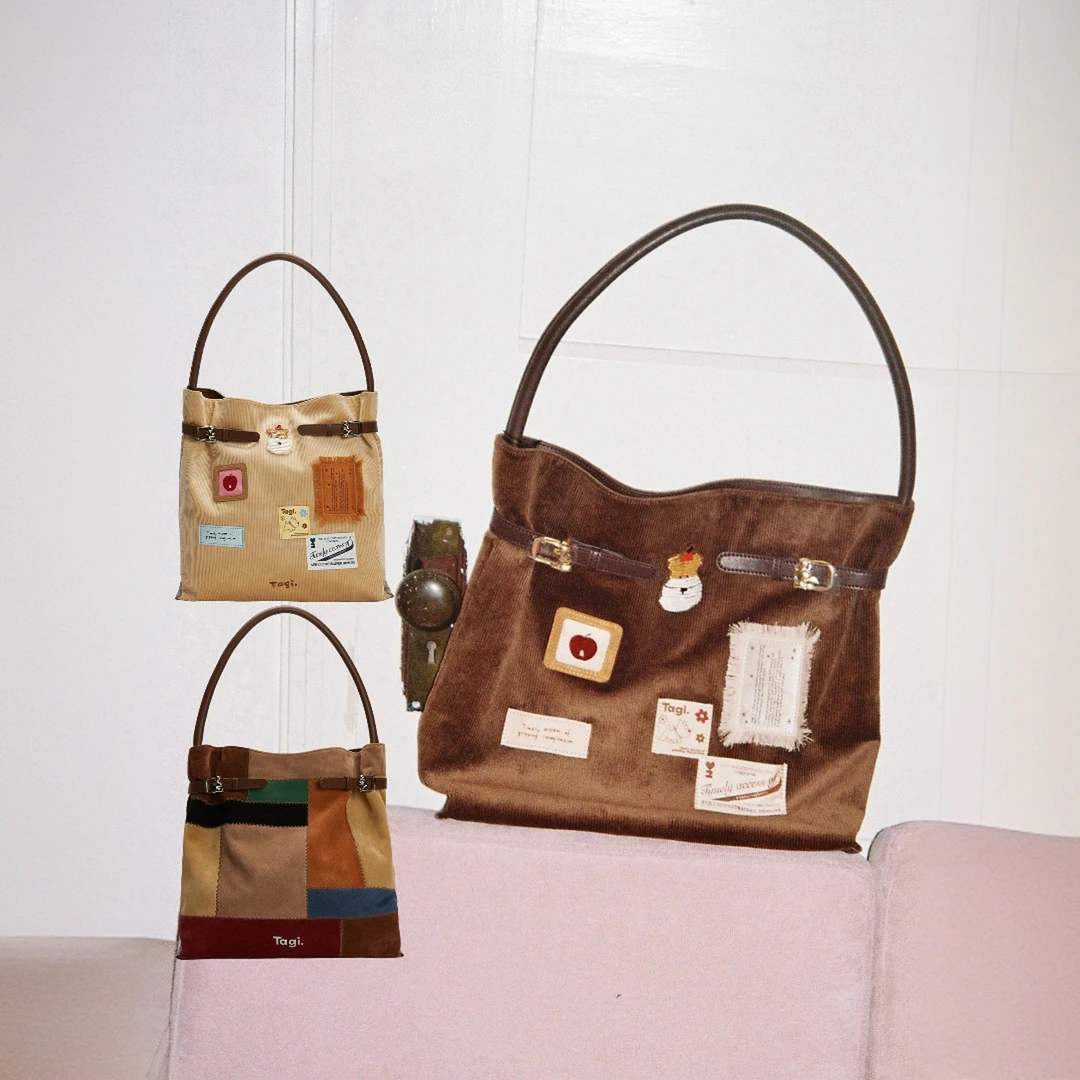 Tagi.彩色方块麂皮复古装饰灯芯绒hobo大容量托特包单肩包