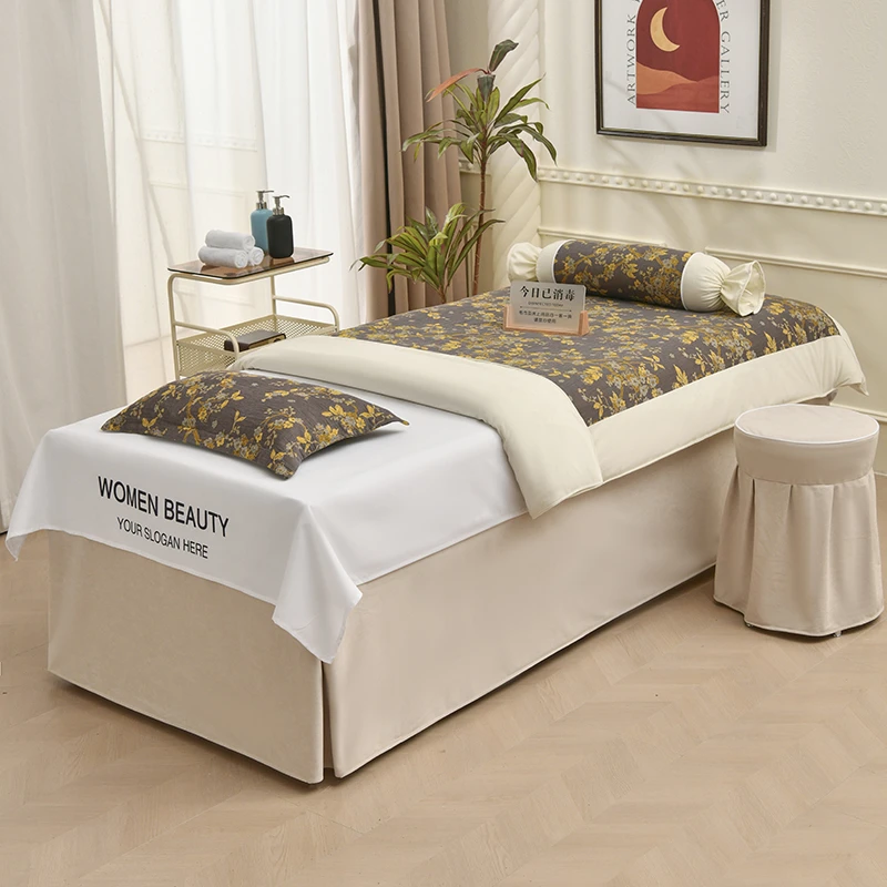 高端美容院棉布双层纱美容床罩四件套四季通用透气小碎花