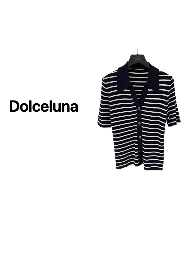 【月姐严选】夏季藏青色条纹Polo领短袖女士气质针织开衫上衣-17025