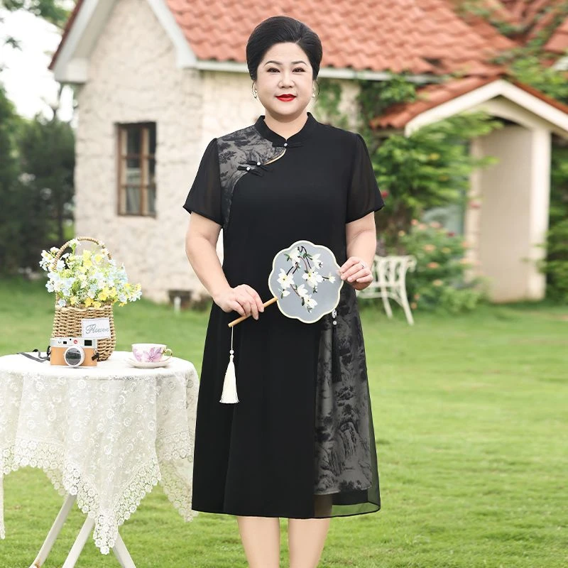 中老年妈妈中式改良夏装旗袍裙子新款洋气国风拼接雪纺气质连衣裙