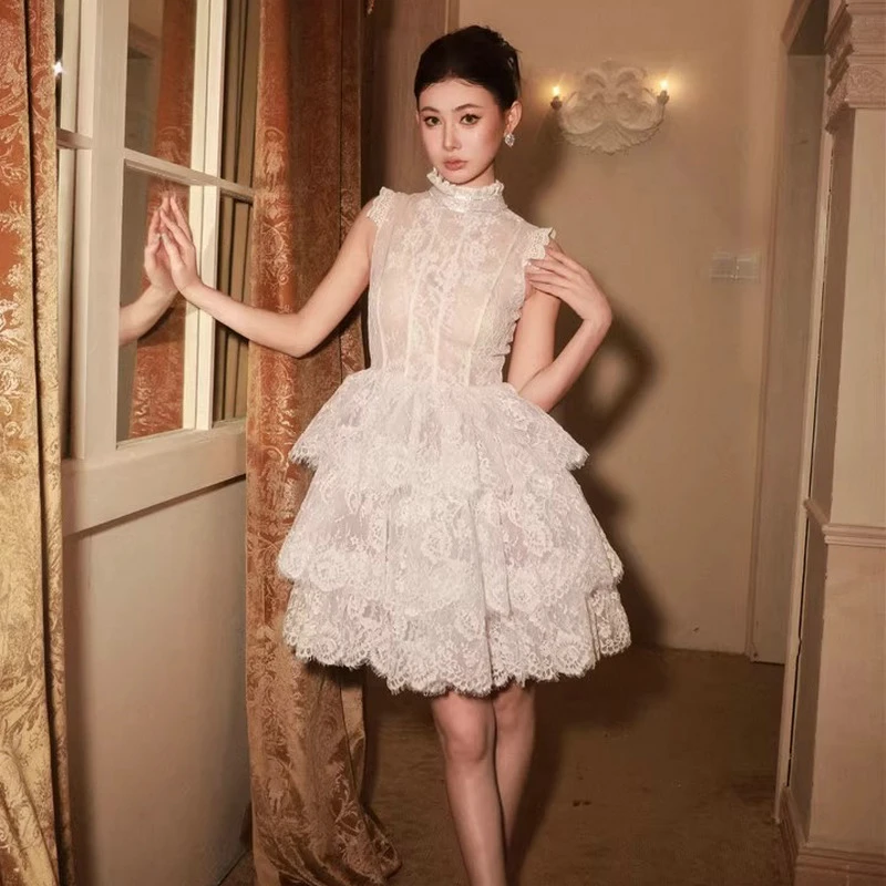 手工蕾丝蓬蓬白色气质拖尾连衣裙裙子法式白玫瑰生日礼服裙2025