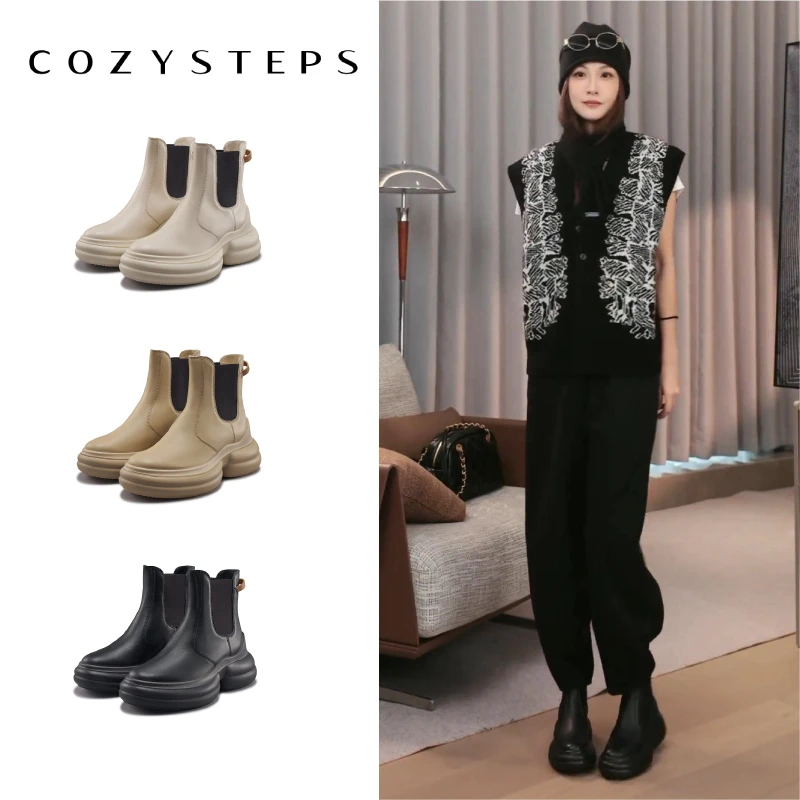 COZYSTEPS可至冬季马丁靴时尚中筒一脚蹬真皮切尔西短靴女款7154