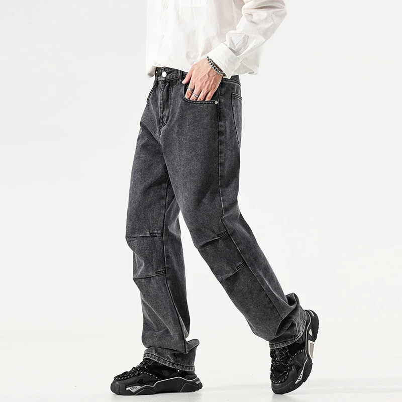 cleanfit美式复古设计感打褶牛仔裤男款宽松直筒水洗做旧潮牌长裤