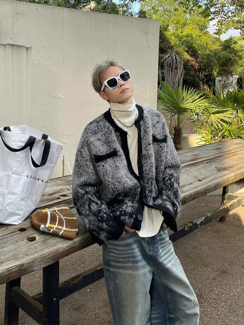 A1MP复古宽松水墨黑灰渐变加厚开衫毛衣情侣男女慵懒风针织衫外套