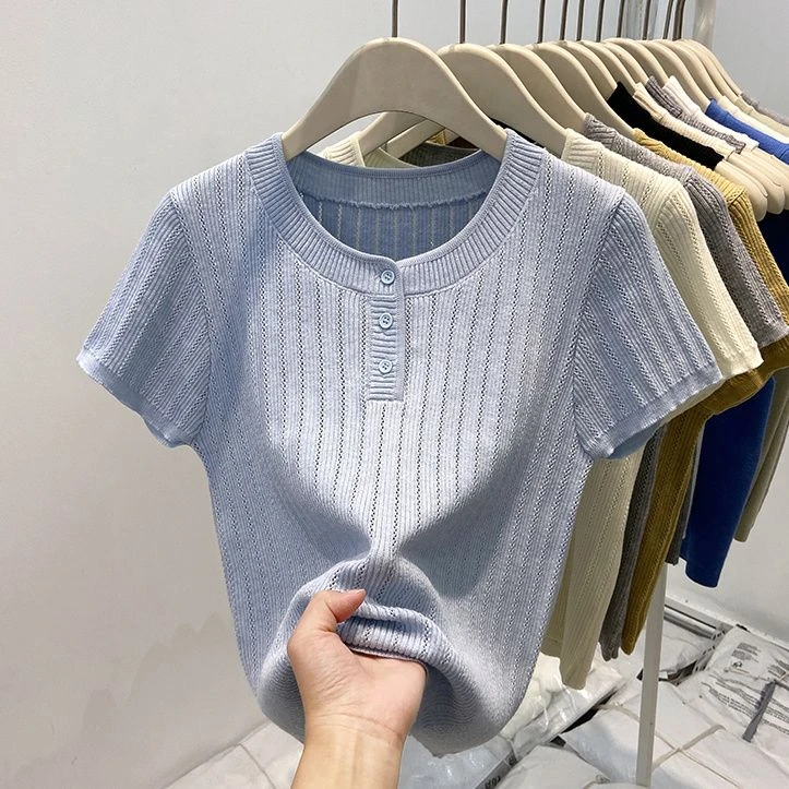 大码遮肚圆领纽扣上衣镂空薄款冰丝针织衫短袖打底衫新款T恤百搭