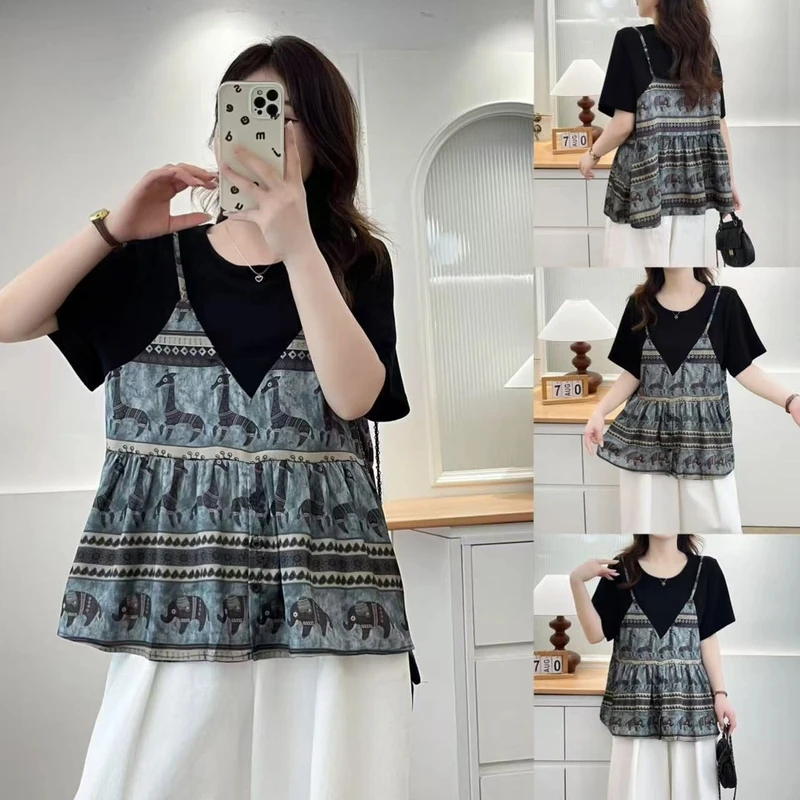 2025夏季新款大码女装夏装韩版大象吊带假两件小衫法式减龄娃娃衫