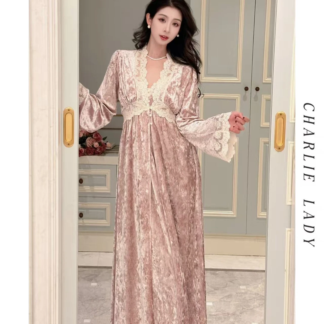 查理夫人【浮光塞纳】秋冬法式金钻雪花绒睡裙法式高级裙袍两件套