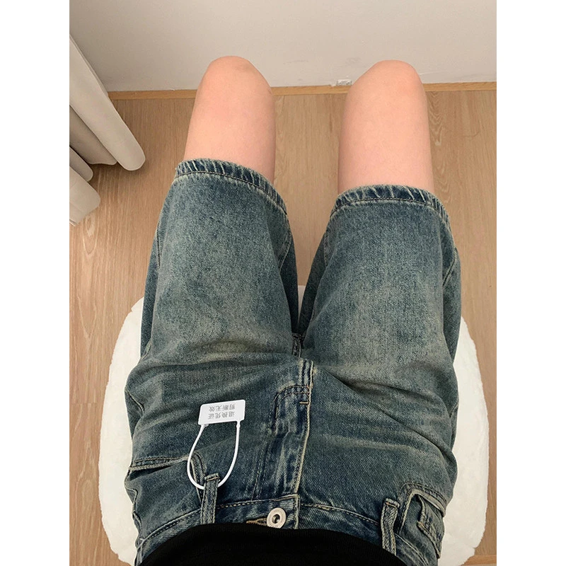 梨形身材复古牛仔短裤女夏季新款大码胖高腰显瘦阔腿五分中裤子