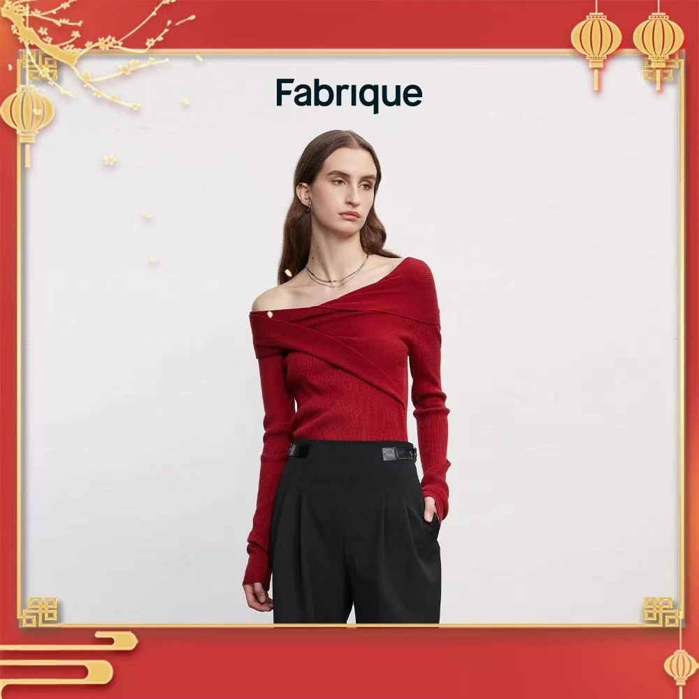 【Fabrique】红色不对称堆领套头针织衫秋季新款气质设计感针织