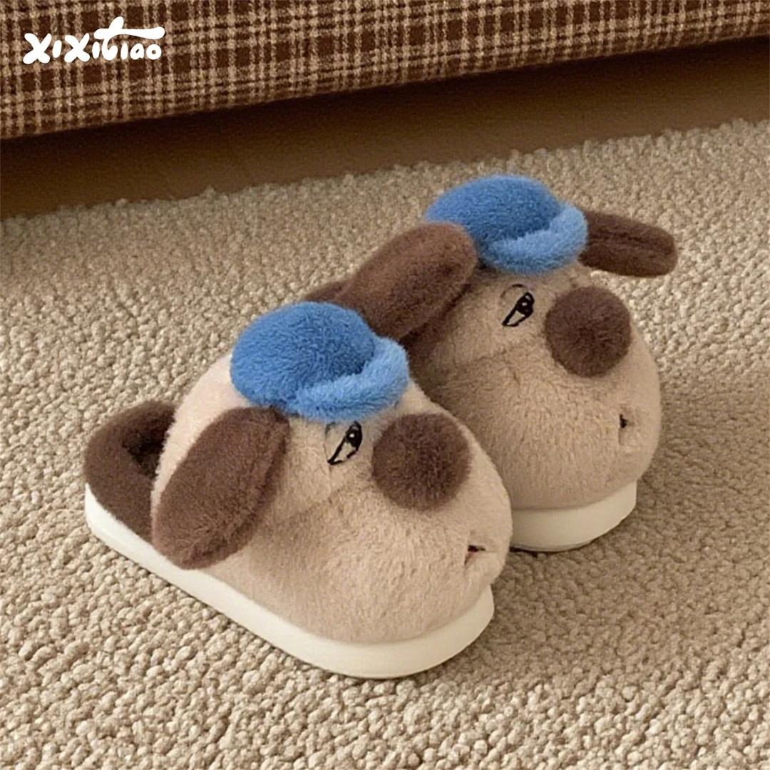 细细条 丑萌大鼻子小狗情侣棉拖鞋冬季男女防滑保暖居家毛毛鞋ins