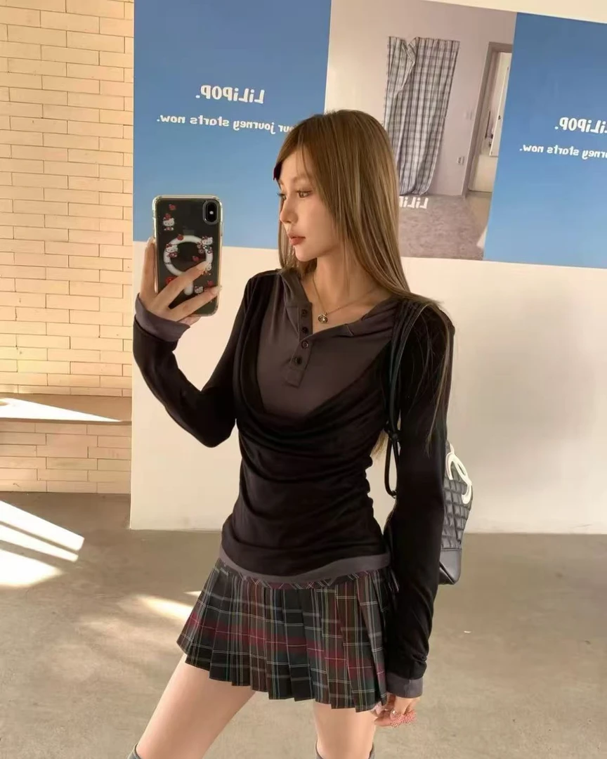 0357春季2026韩版简约休闲假两件设计感减龄修身显瘦气质长袖上衣