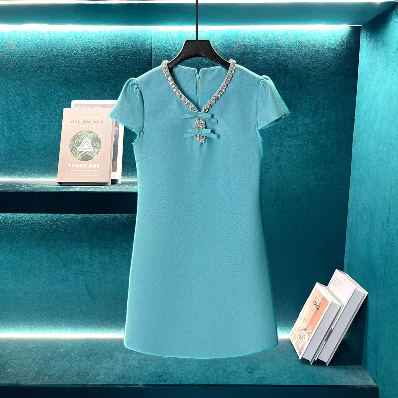 【CENFUN】V领蝴蝶结带钻小飞袖直版宽松连衣裙E021213