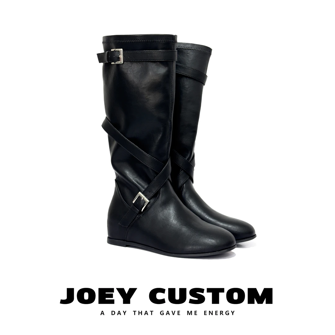 JOEY |【皮面/绒面】隐形内增高交叉皮带扣气质时装靴女靴 25215