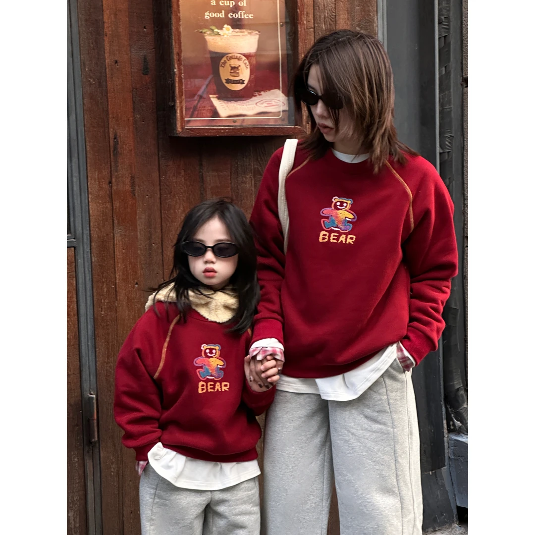 43036亲子装【彩色小熊卫衣】秋冬新款儿童加绒上衣插肩袖棉卫衣