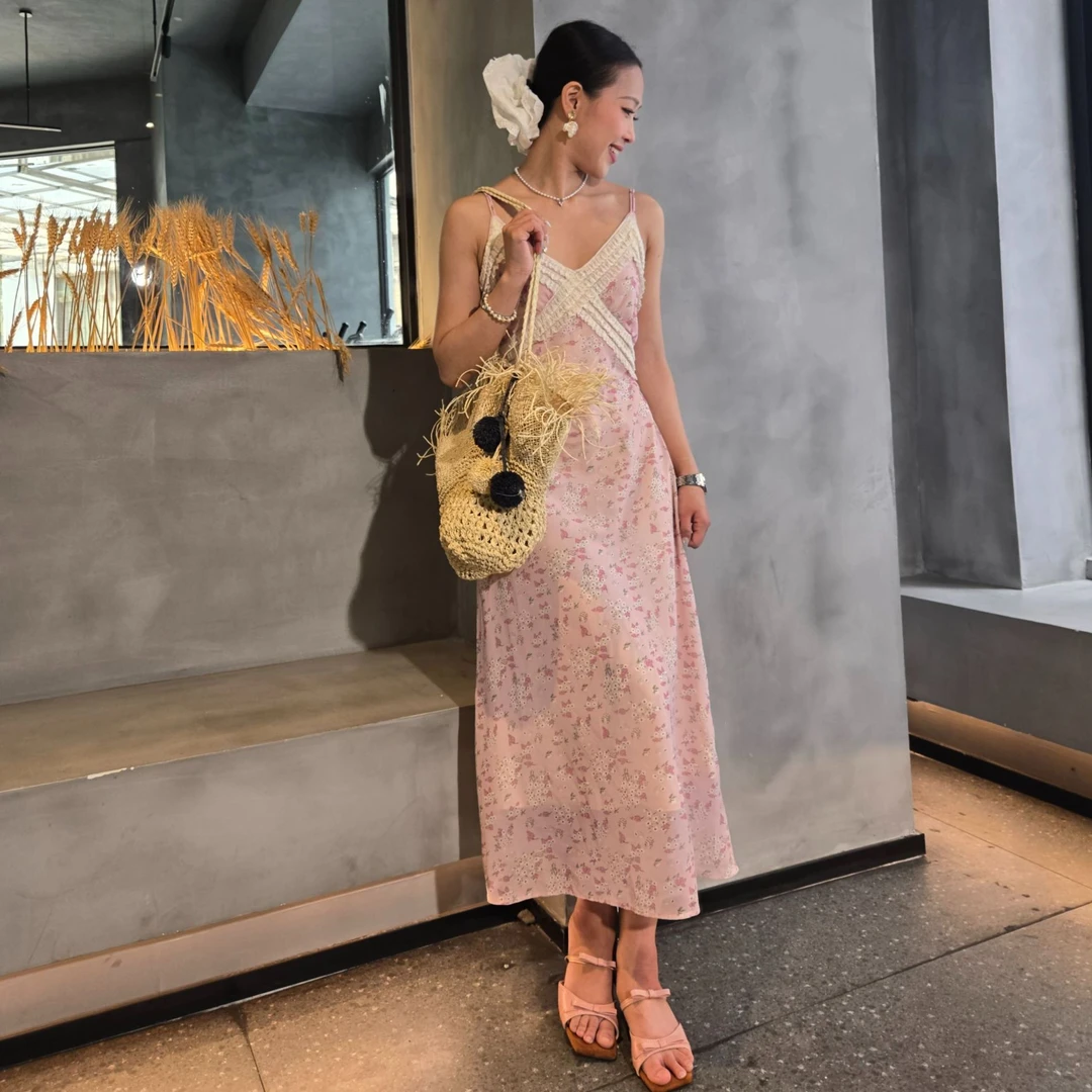 Kitty25/ss浪漫女主碎花吊带连衣裙长裙女初春修身拼接蕾丝裙