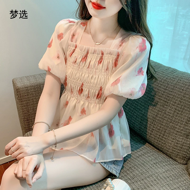 法式泡泡袖碎花雪纺衬衫女2025年夏季新款小衫露背蝴蝶结拼接上衣