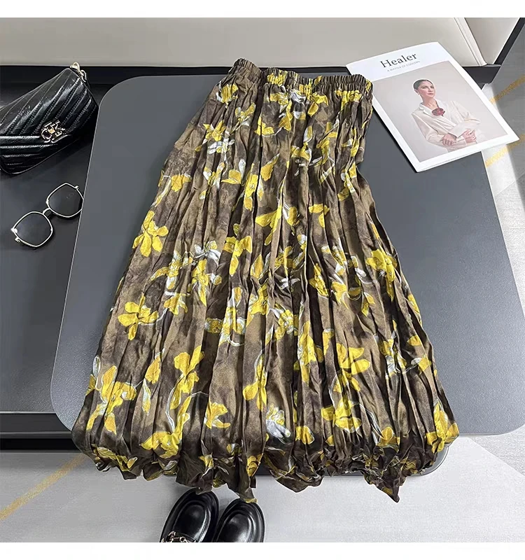 【XINTUO】黄色印花松紧腰a字裙春夏优雅气质显瘦花朵半身裙JF1379