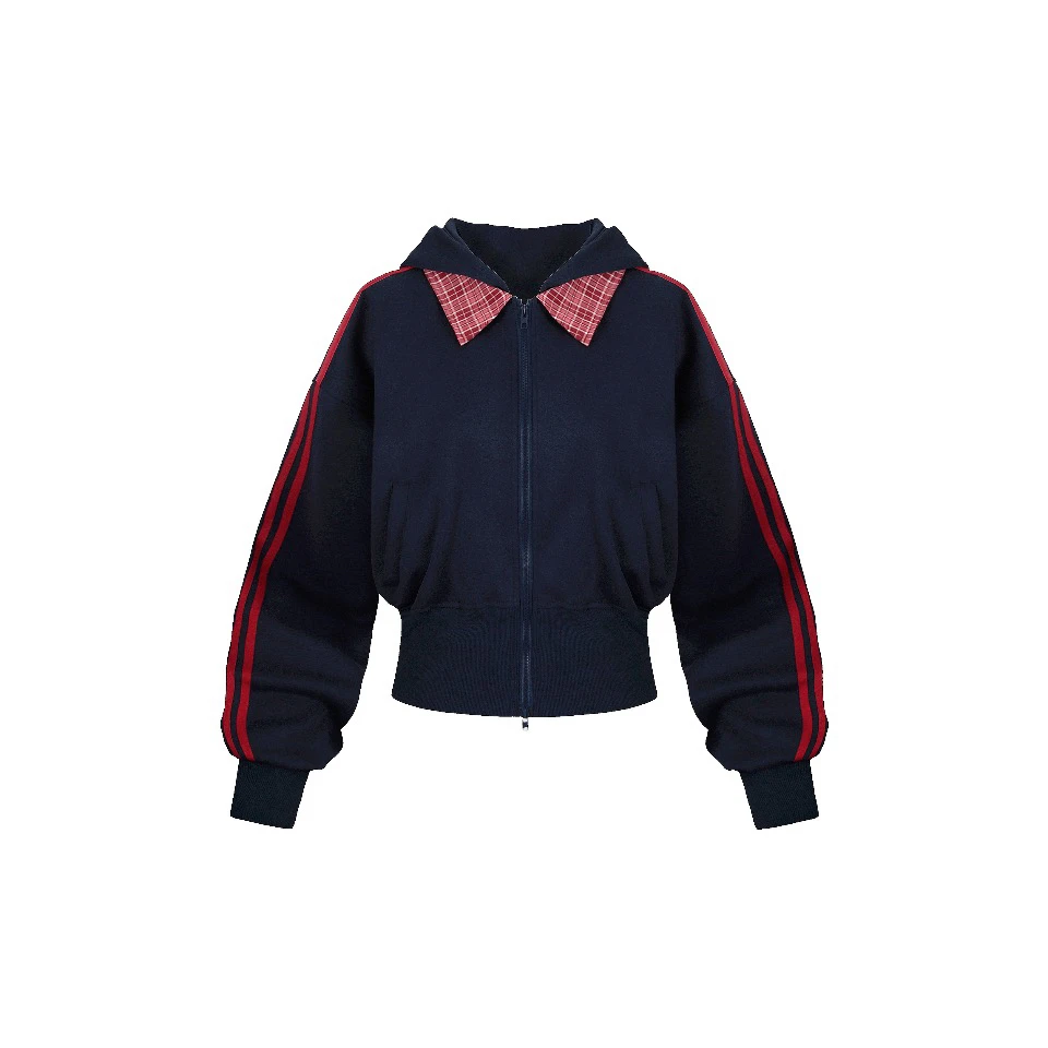 潮牌格子布假领子百搭拼接条纹短外套长袖连帽休闲时尚