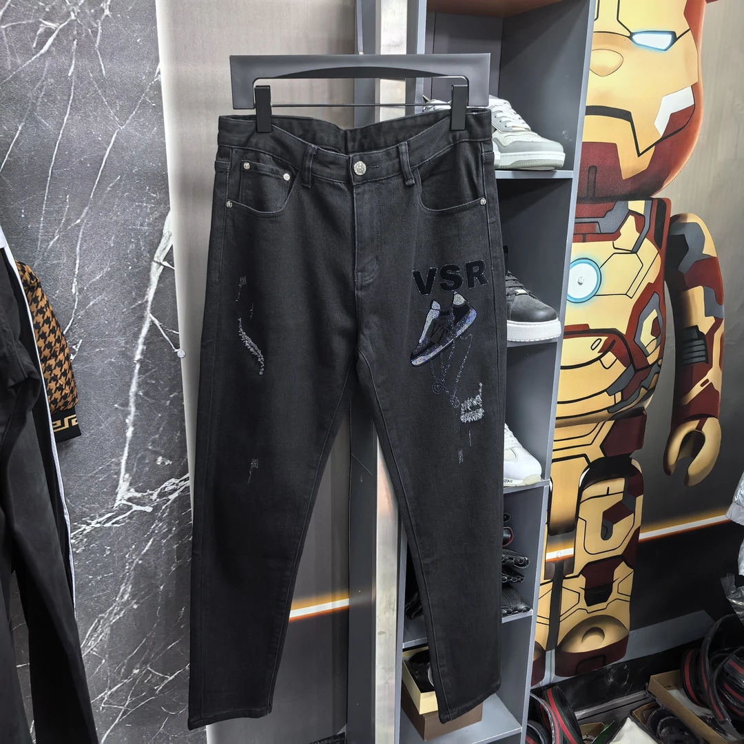 烫钻拉链冬季加绒直筒裤束脚裤牛仔裤男士休闲百搭黑色弹力时尚