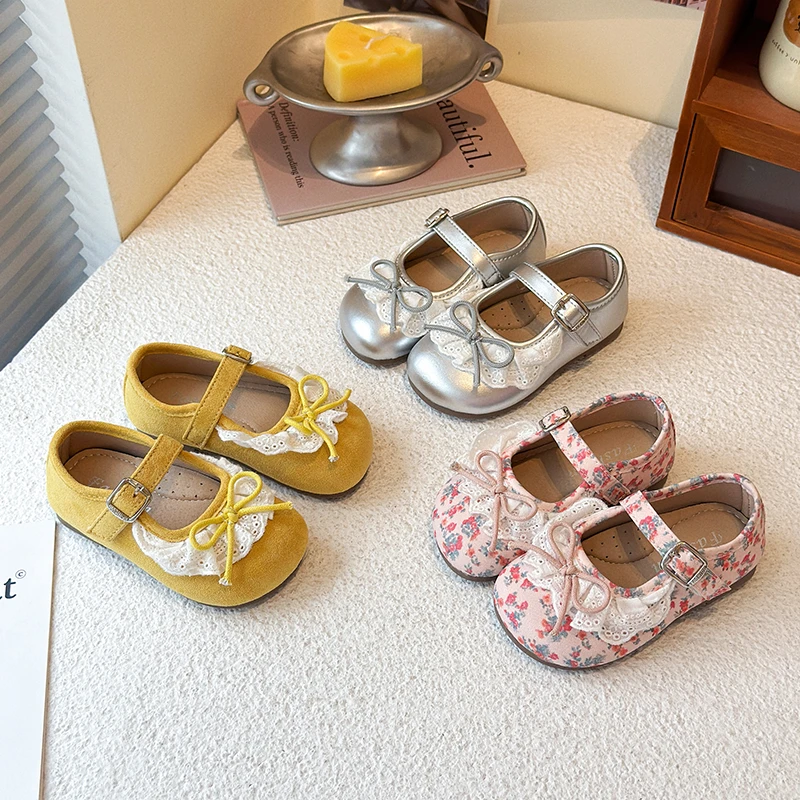 女童时髦皮鞋2025春秋新款小女孩蝴蝶结洋气公主鞋女宝宝气质单鞋