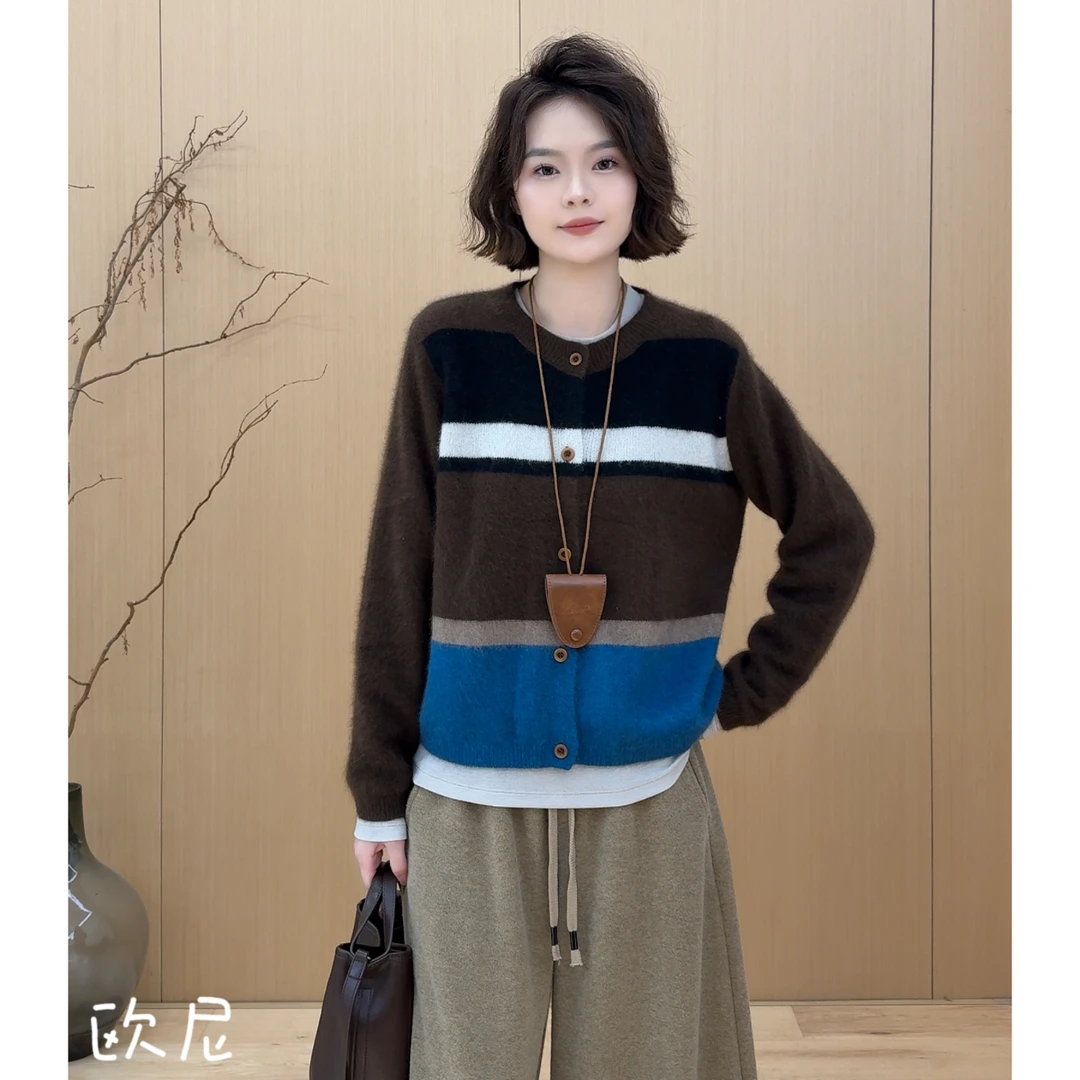 欧尼私服 2025秋季复古撞色条纹针织开衫宽松休闲上衣2509C6128