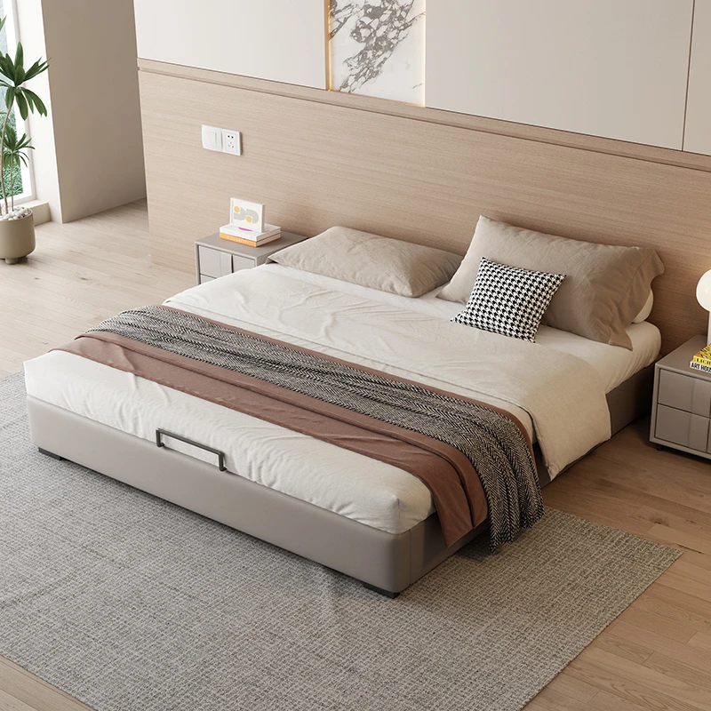 无床头真皮床现代简约双人床榫卯日式榻榻米床主卧储物实木床
