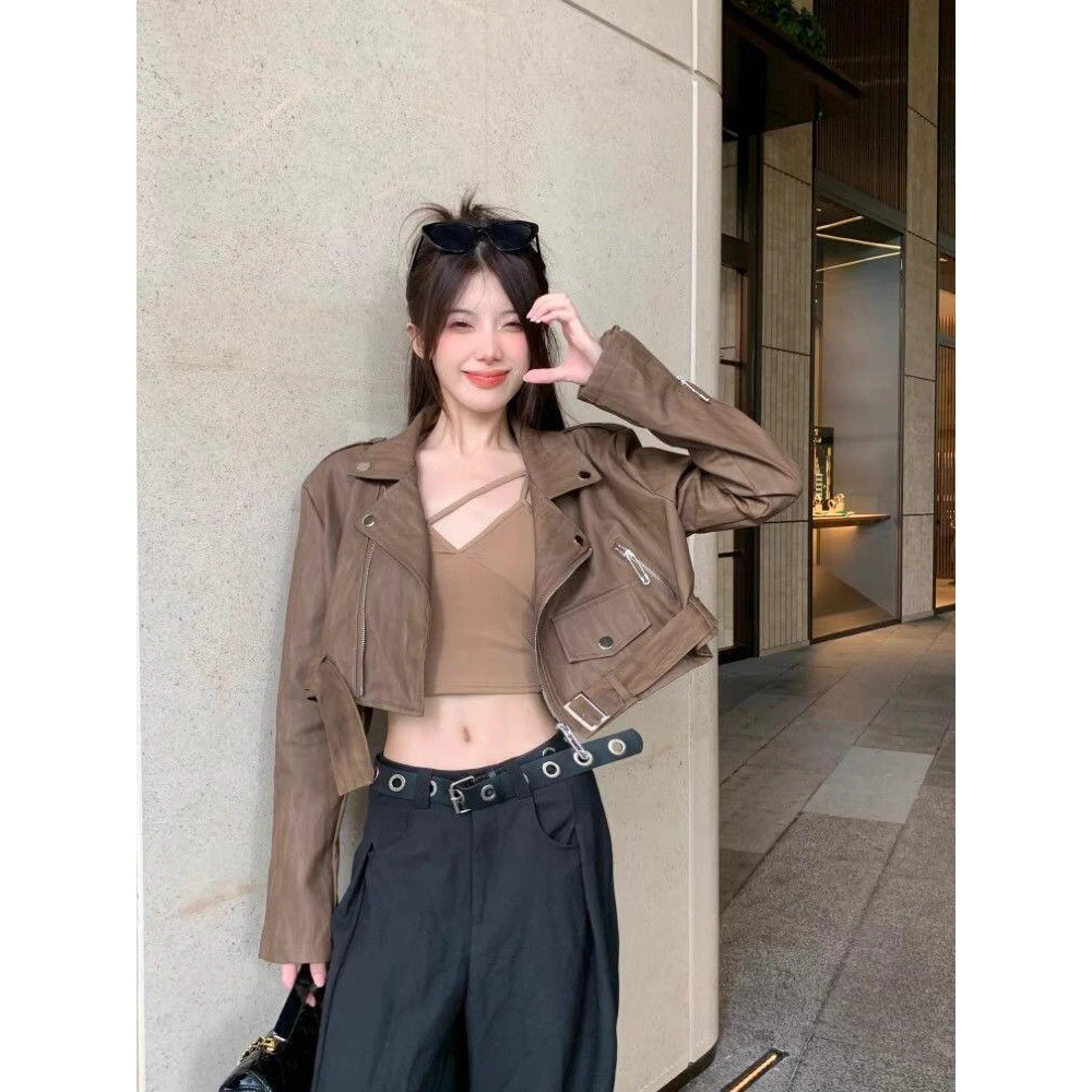 美式甜酷西装领PU皮机车服夹克女秋季正肩高级感长袖短款皮外套潮