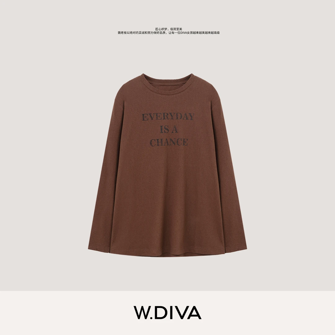 W.Diva【每日寄语】百搭做旧字母印花舒适长袖T恤慵懒风女53T072906