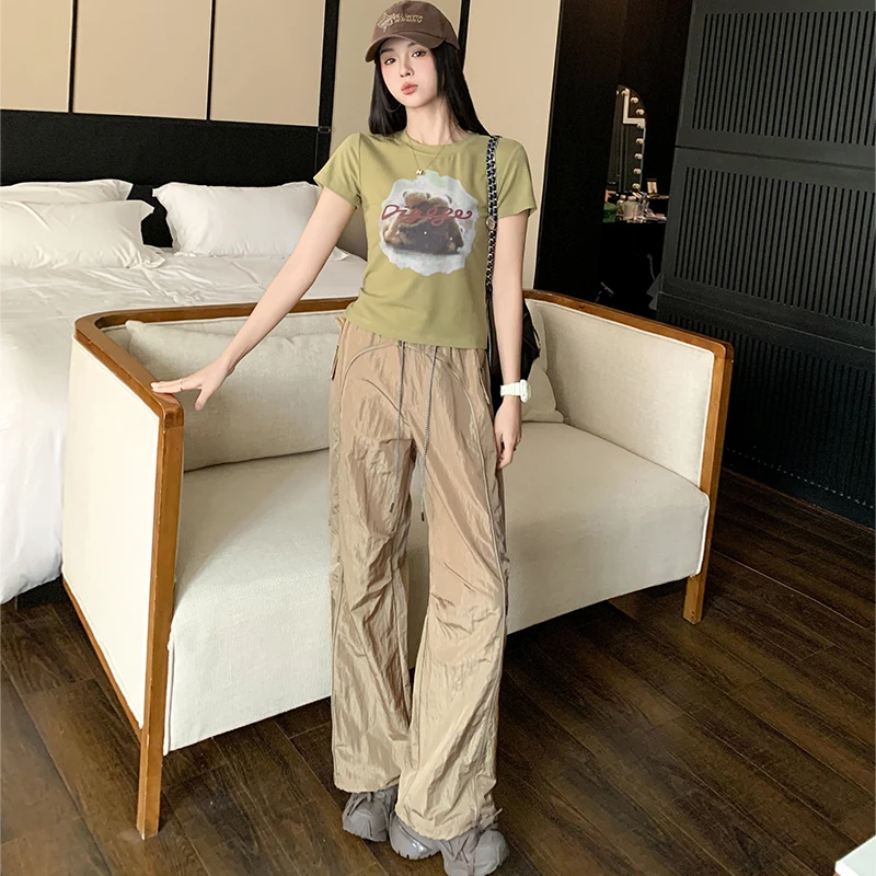 美式酷辣休闲套装女2025新款夏季减龄正肩短袖T恤宽松显瘦阔腿裤