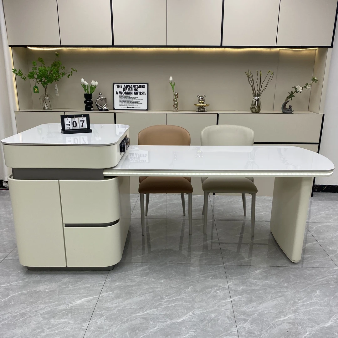 奶油白圆弧灯带多功能岛台餐桌一体开放式客厅厨房家用可伸缩餐桌