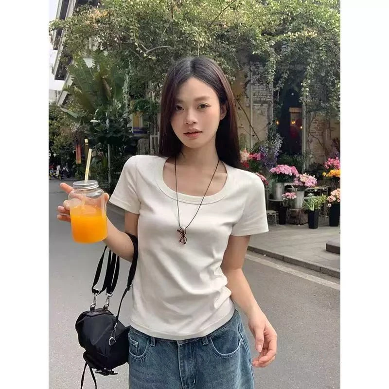 韩系简约U领正肩短袖t恤女春夏季纯色修身显瘦百搭遮肉短款小上衣