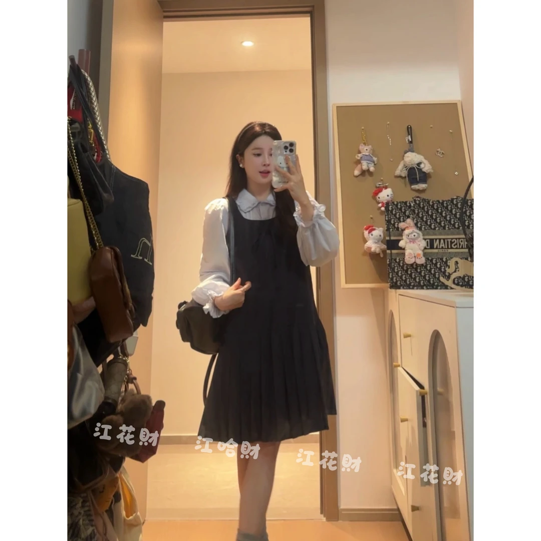 【晚风八音盒】韩妹穿搭减龄蝴蝶结压褶背心裙+娃娃领长袖衬衫套装