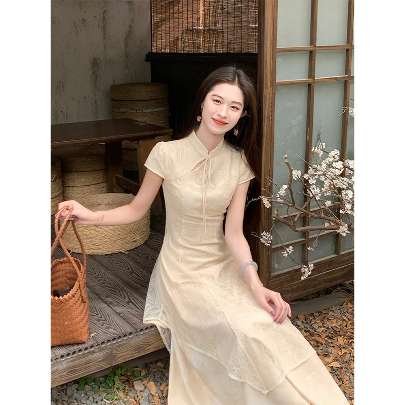 凌茜【幻真】新中式黄色显瘦蕾丝印花春夏女修身旗袍连衣裙