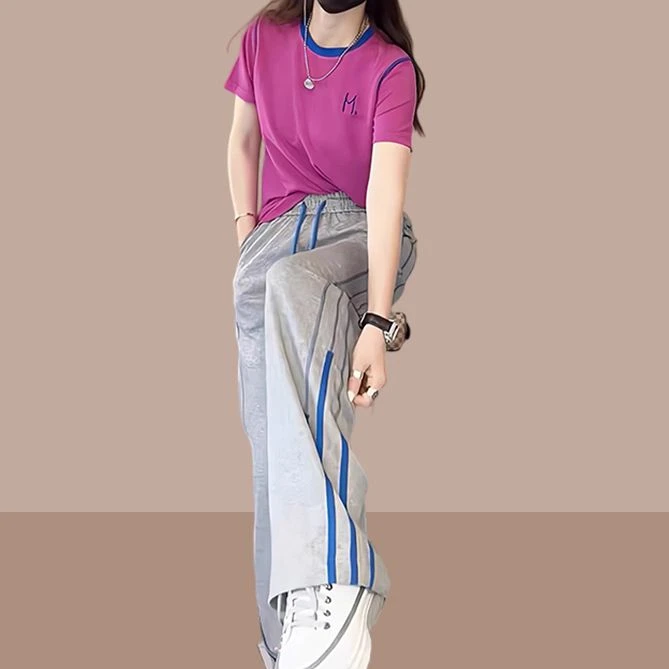 2025夏季新款洋气减龄短袖上衣阔腿裤两件套女士宽松显瘦气质套装