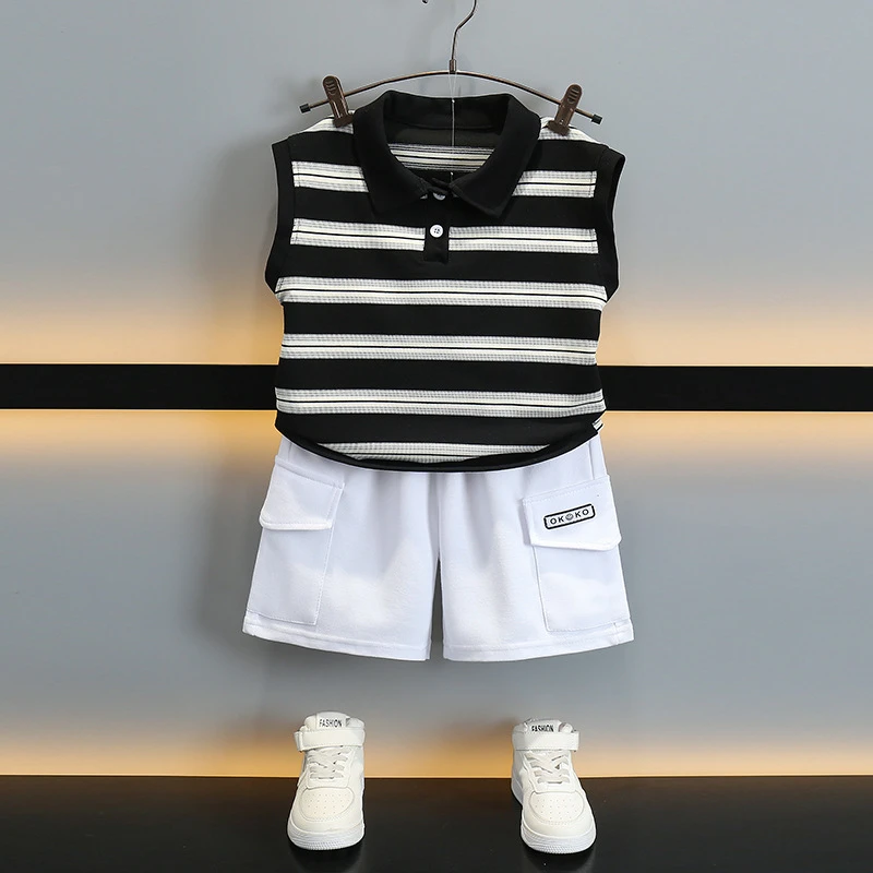 男童夏季无袖POLO领条纹套装新款宝宝帅气背心童装两件套中小童潮