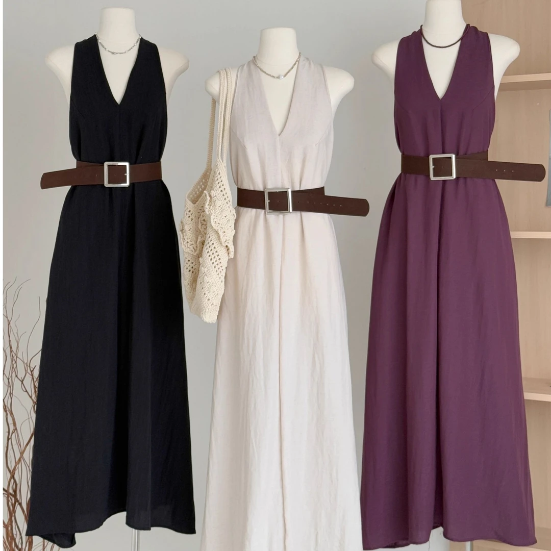 挂脖露背V领连衣裙女夏季2025新款法式名媛气质收腰显瘦A字长裙子