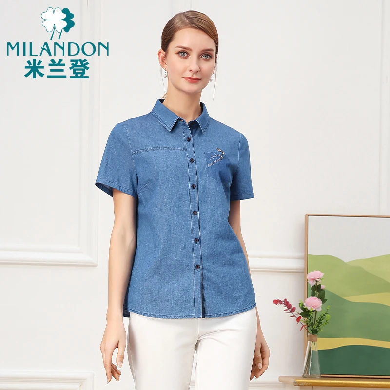 MILANDON/米兰登短袖夏季牛仔衬衫休闲衬衣上衣时尚百搭WO230109