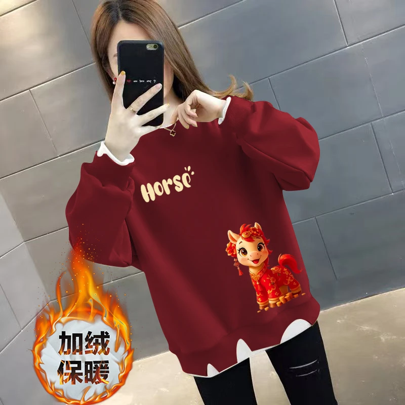 新年新款红色卫衣加绒加厚女秋冬季圆领假两件宽松休闲保暖韩版