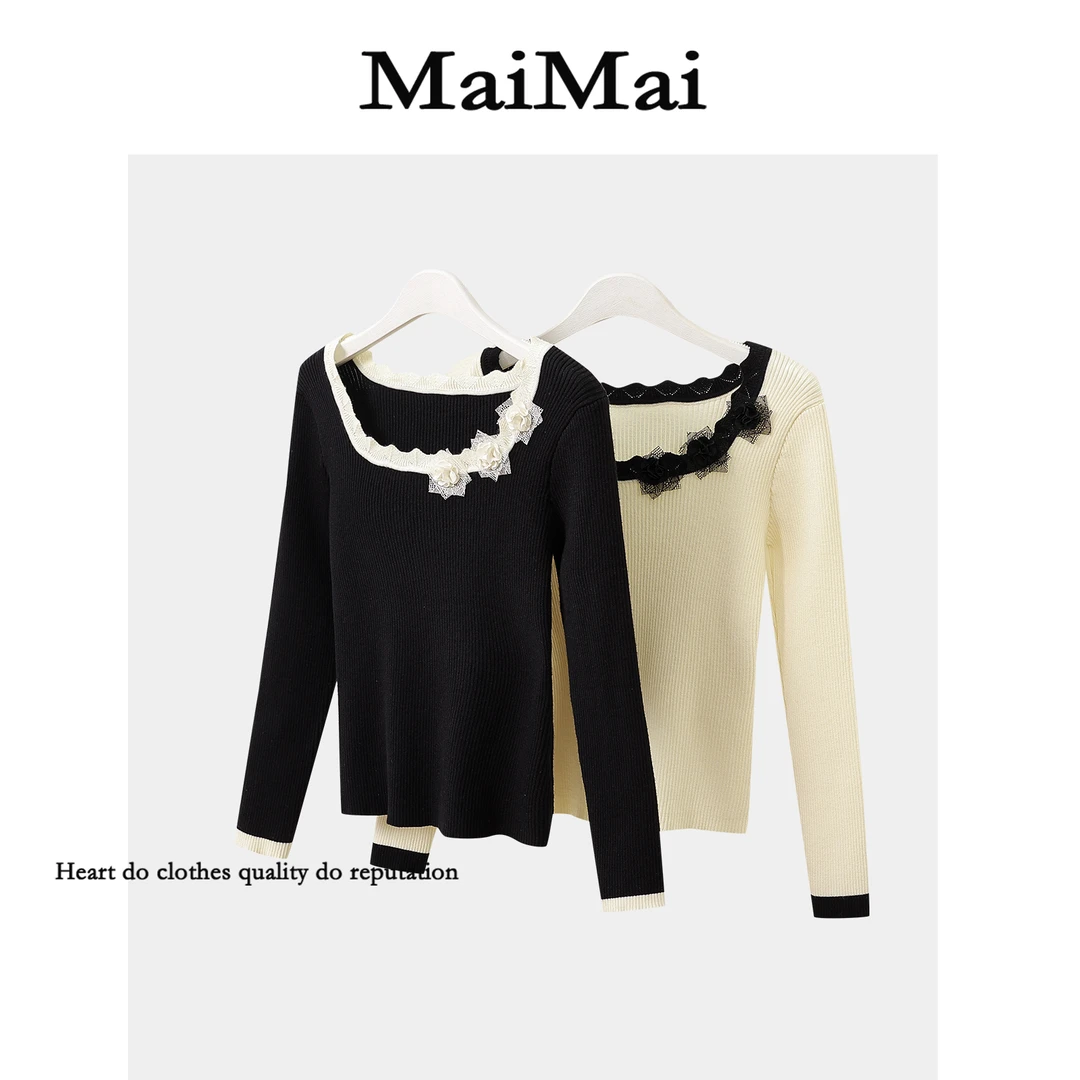 【秋日繁花】Mai Mai◆法式撞色花边领长袖针织衫花朵打底衫