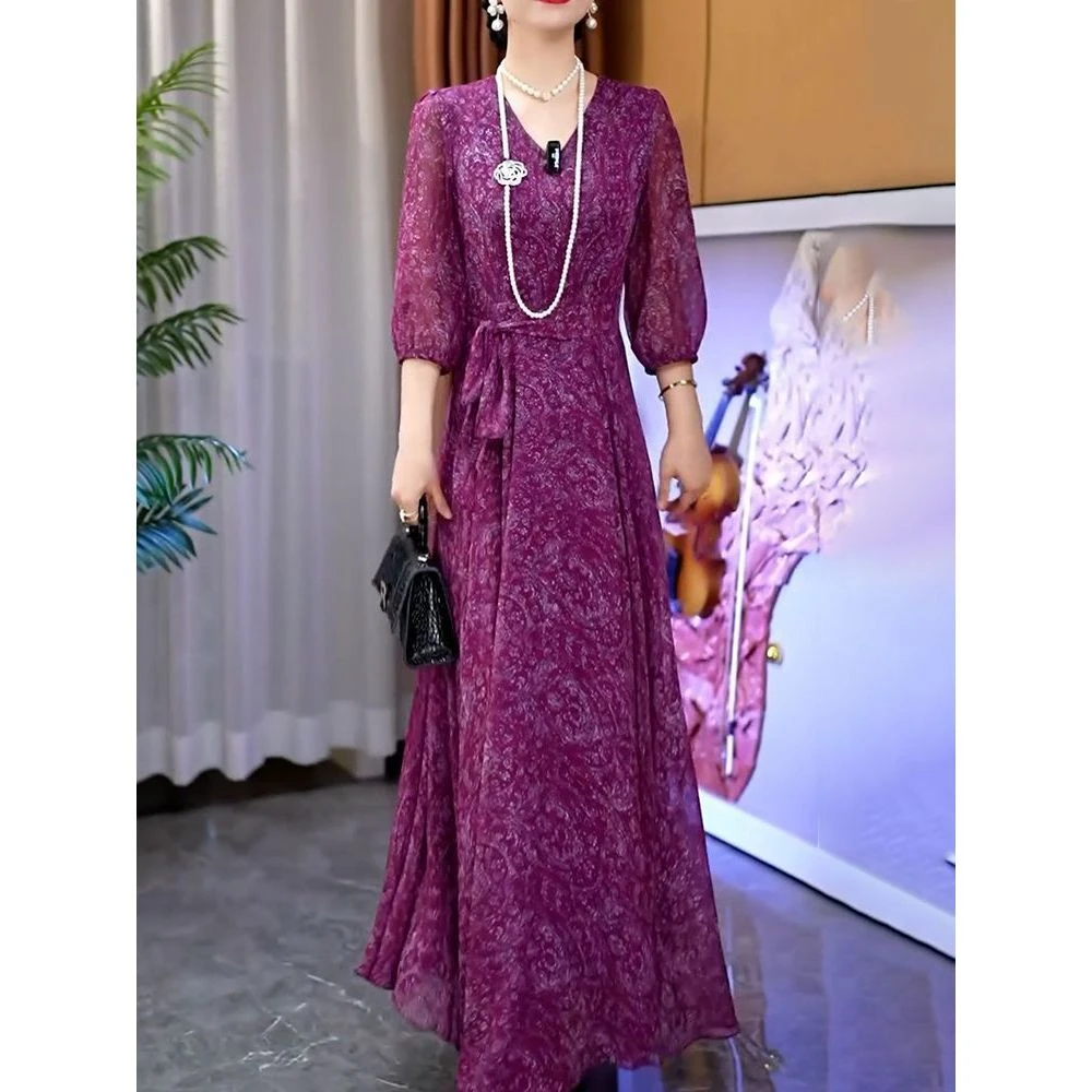 夏季新款气质优雅印花V领连衣裙女超好看阔太太绑带收腰A字裙