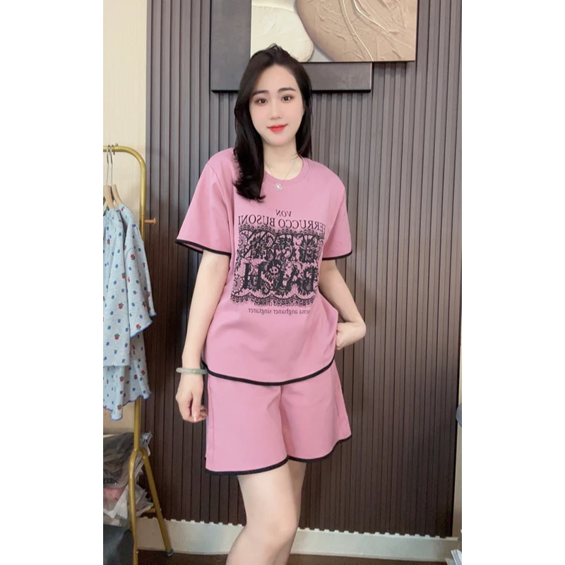 胸垫版睡衣女夏季新款纯棉短袖长裤加短裤家居服（氧气紫三件套）