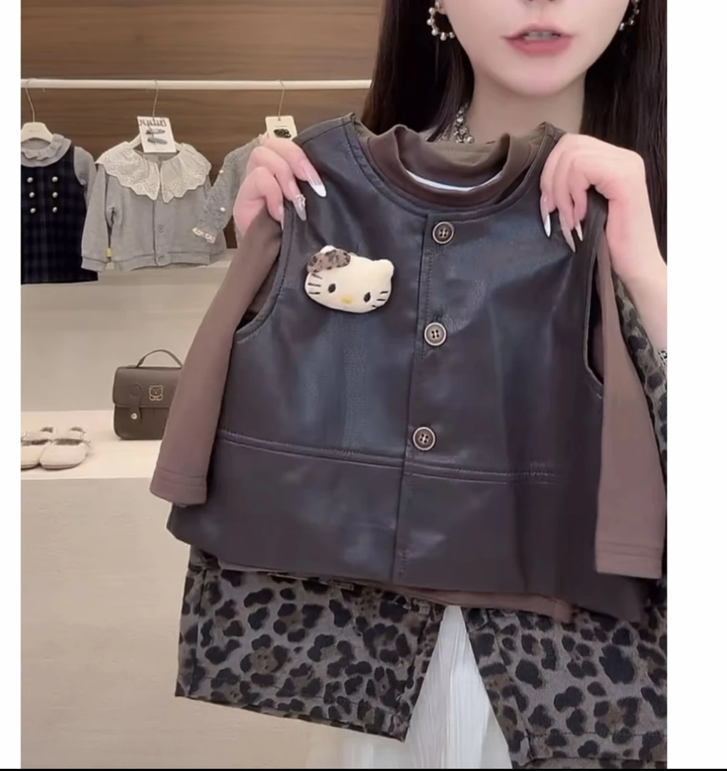 25新款女童秋季韩系皮衣马甲外套豹纹长裤时髦套装