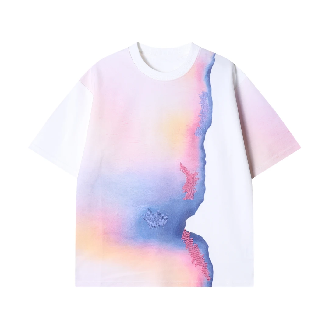 春夏新款时尚个性韩版渐变撞色圆领短袖T恤小众设计感高级上衣