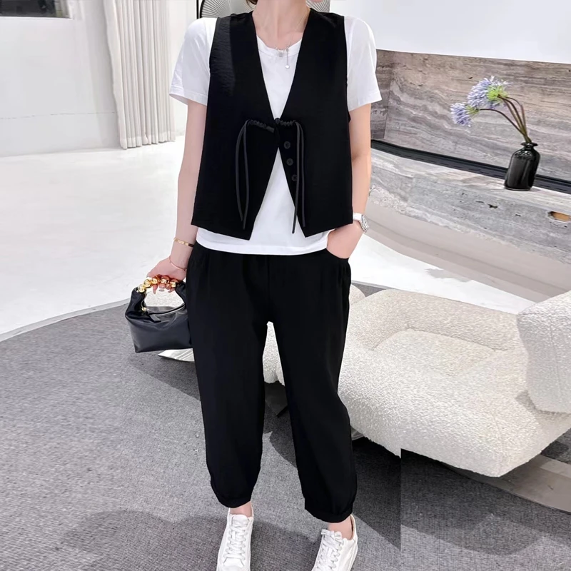 时尚气质套装女2025夏款宽松显瘦洋气国风盘扣马甲休闲裤三件套潮